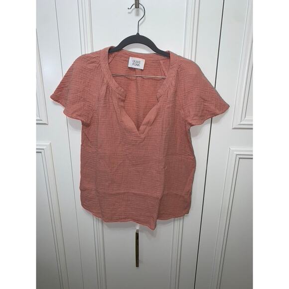 Olive & Oak Women's Medium Pink V-Neck Textured Blouse Short Sleeve Casual Top - Picture 3 of 6